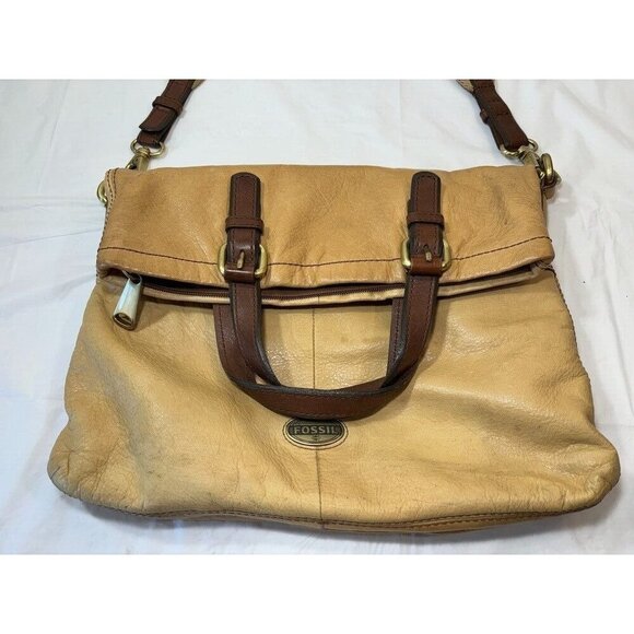 Fossil Explorer Leather Fold Over Crossbody Hobo Tote Shoulder Bag Tan - Picture 8 of 16